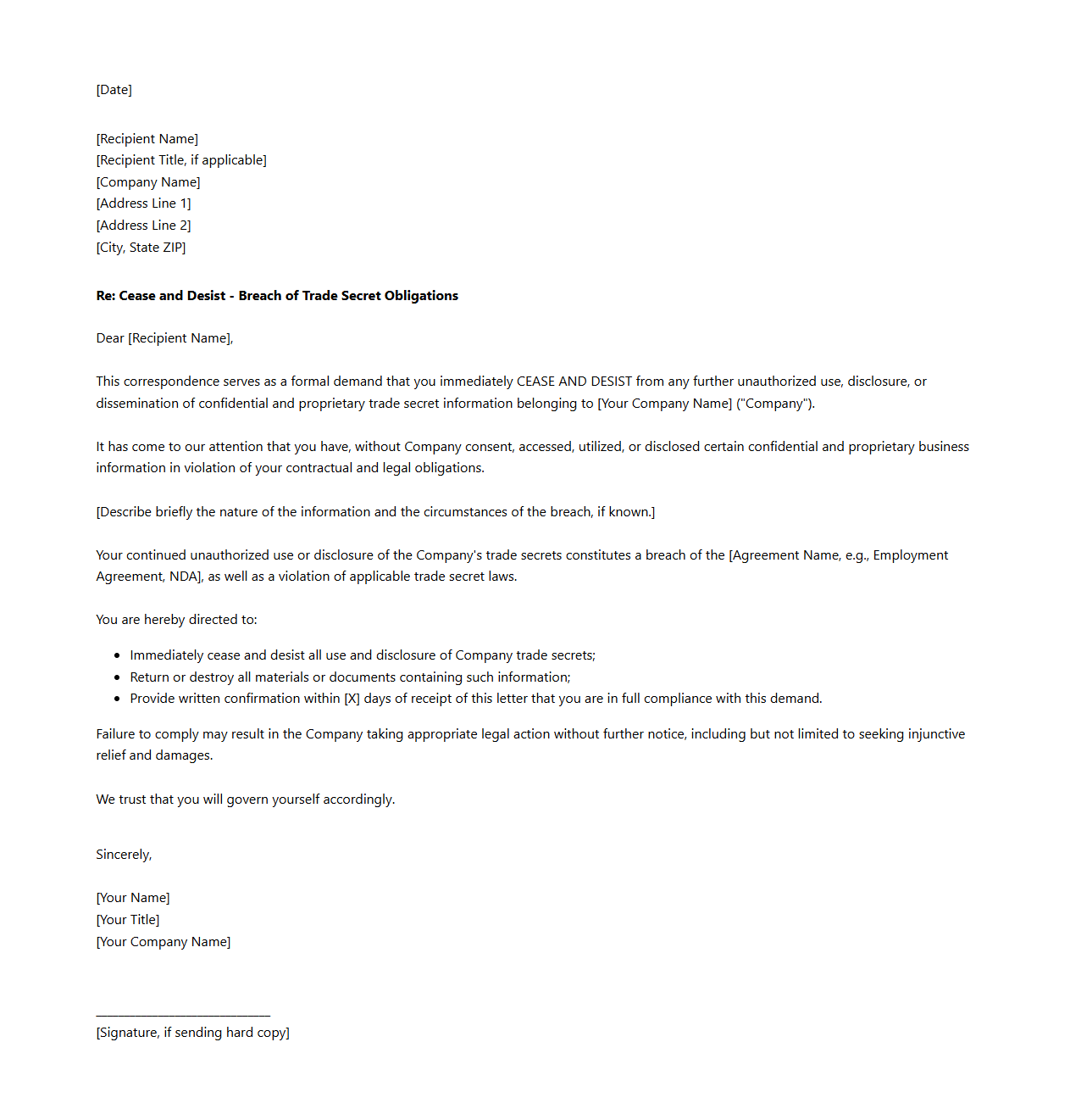 Cease and Desist Correspondence for Trade Secret Breach