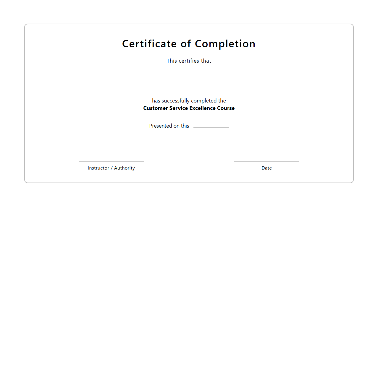 Certificate of Completion for Customer Service Excellence Course