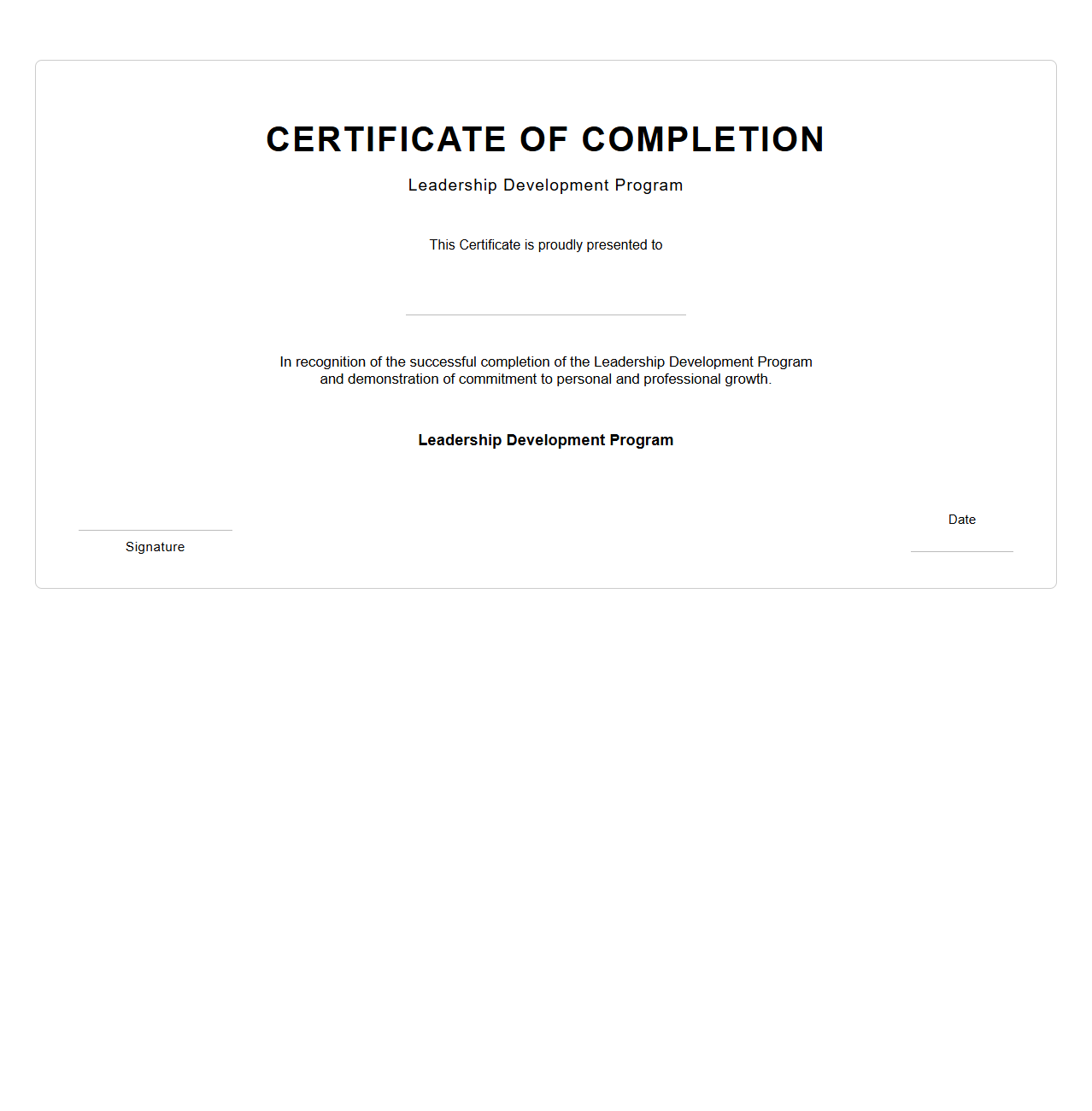 Certificate of Completion for Leadership Development Program