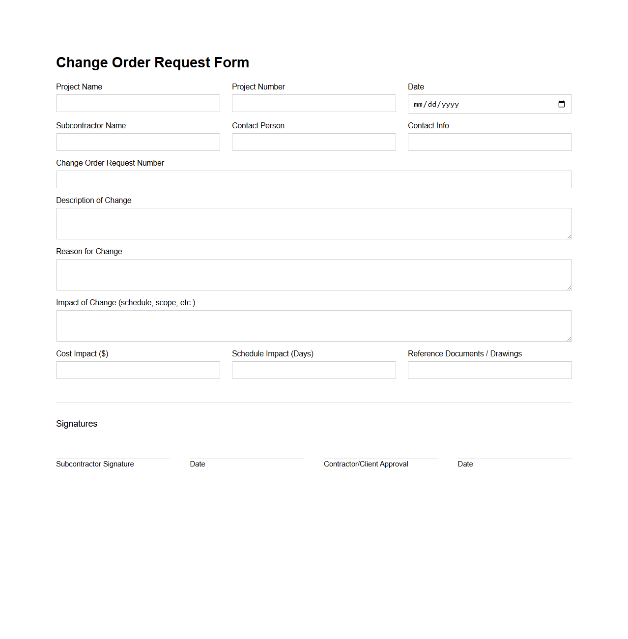 Change Order Request Form for Civil Construction Subcontractors