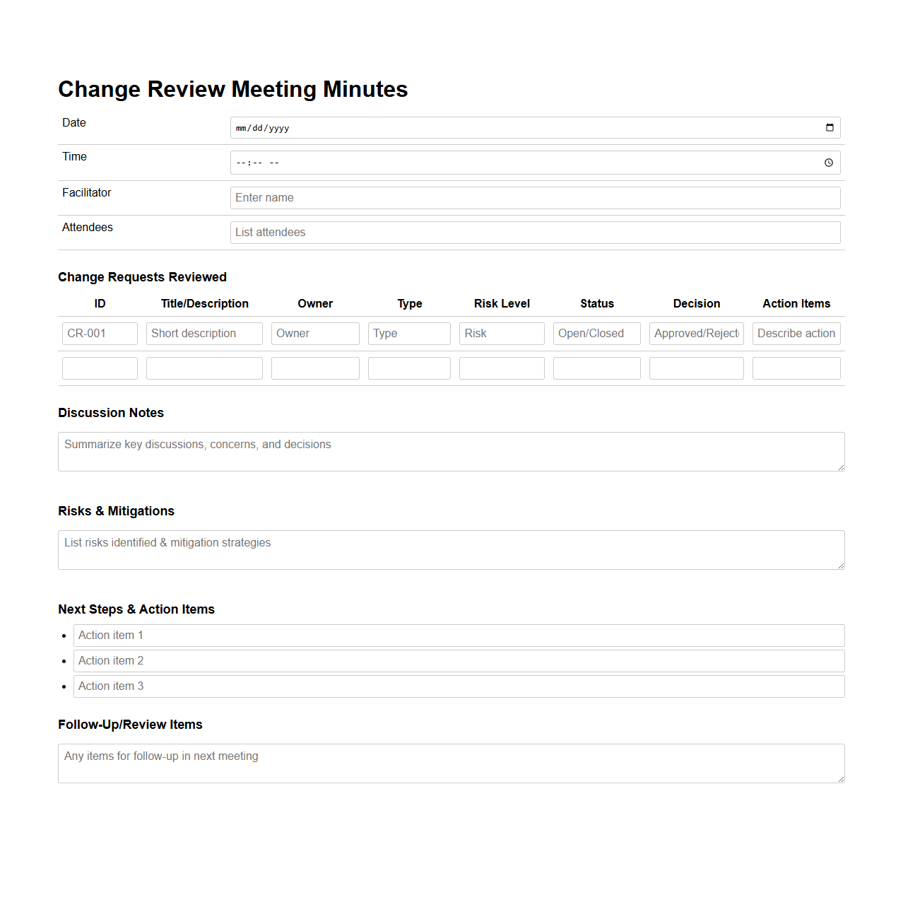 Change Review Meeting Minutes Template for DevOps Teams