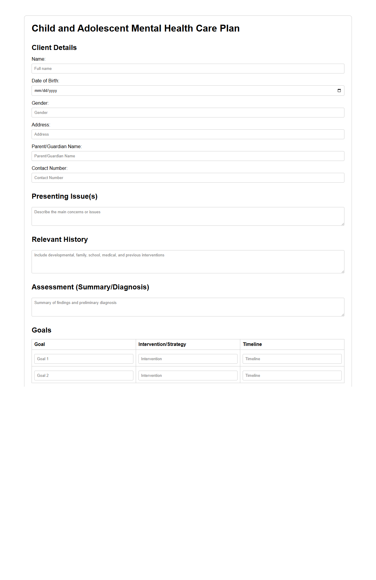 Child and Adolescent Mental Health Care Plan Example