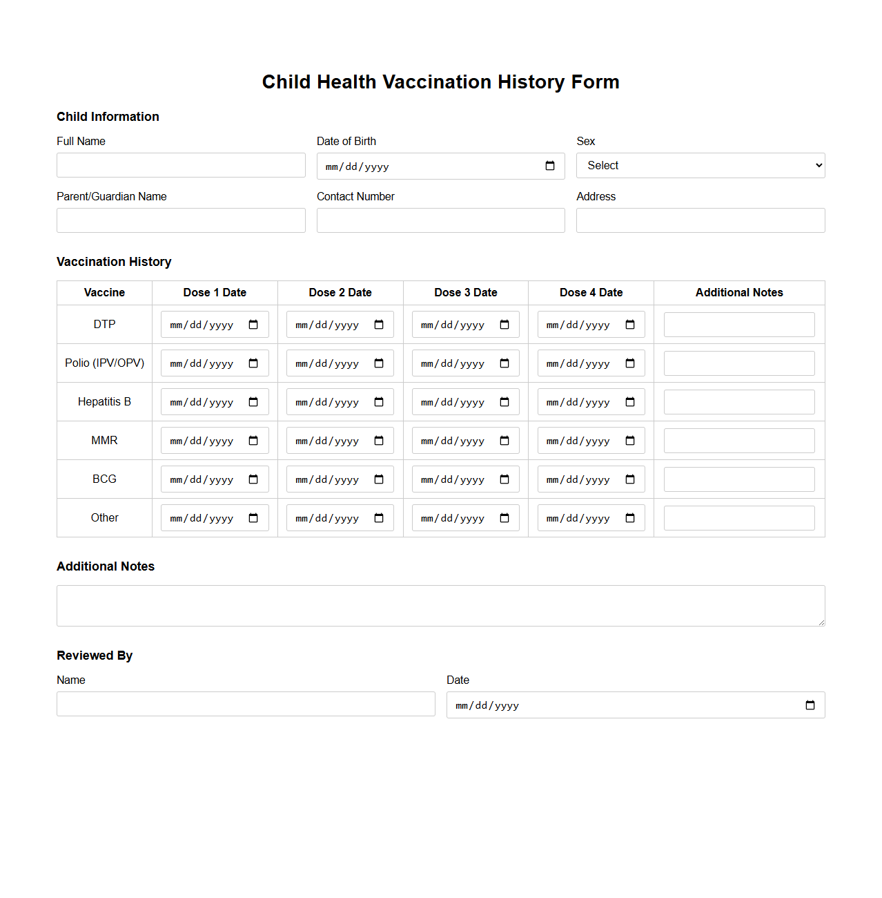Child Health Vaccination History Form