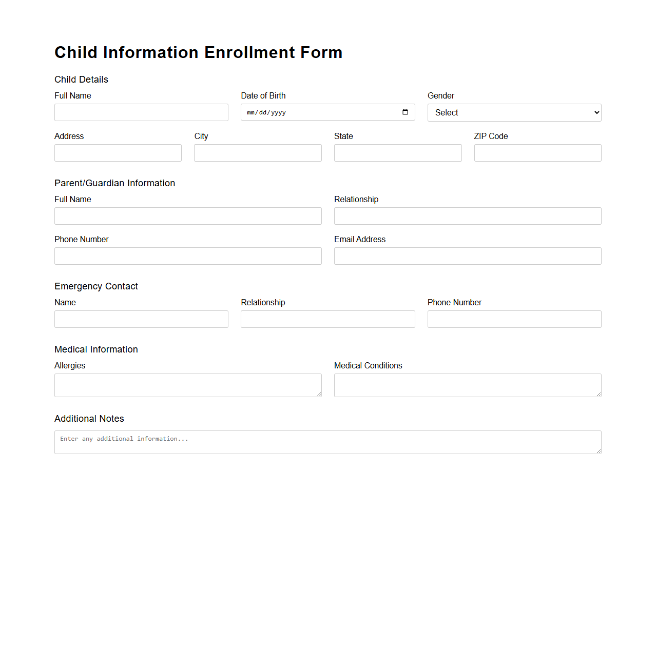 Child Information Enrollment Form Template