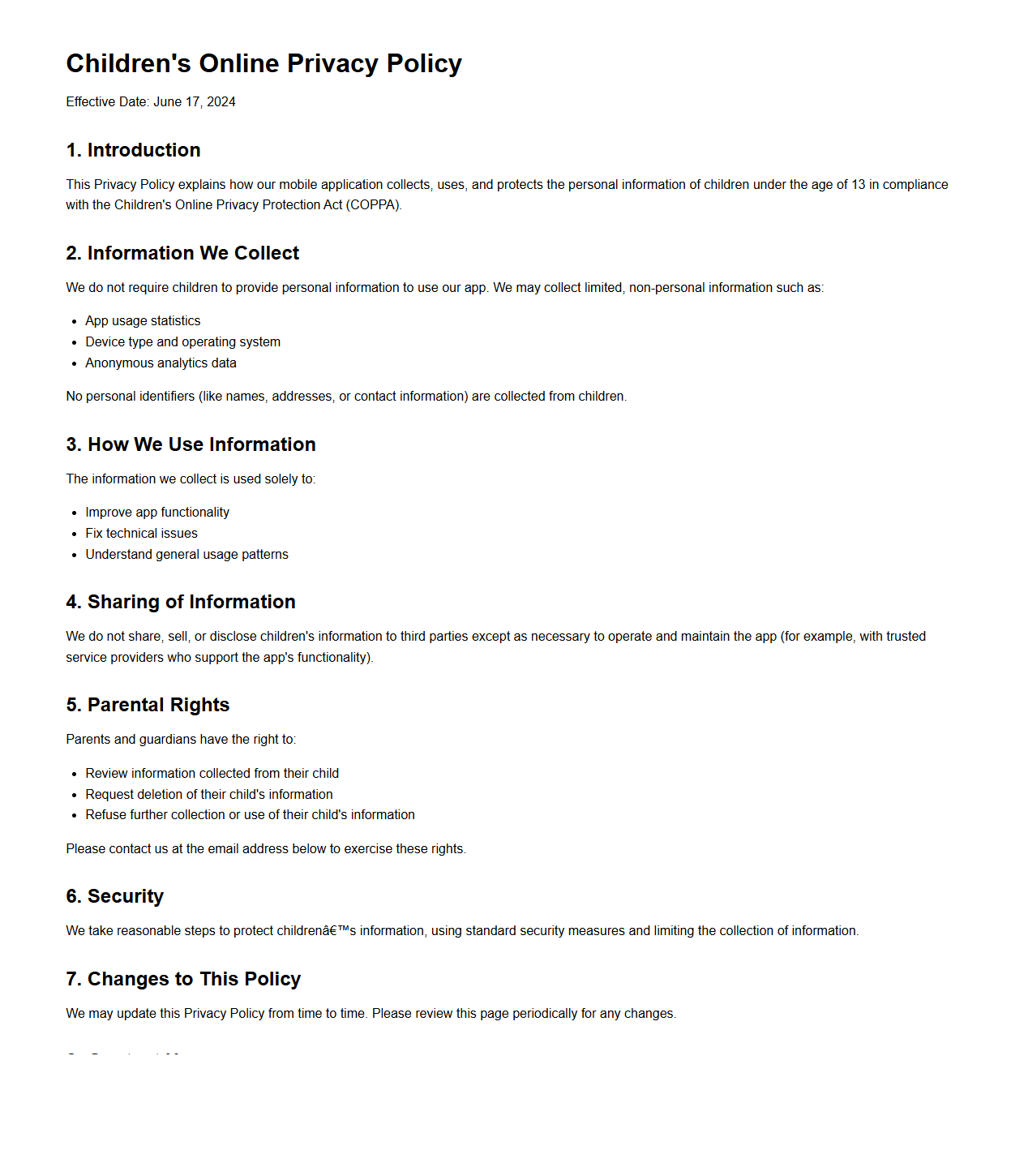 Children's Online Privacy Policy Example for Mobile Applications