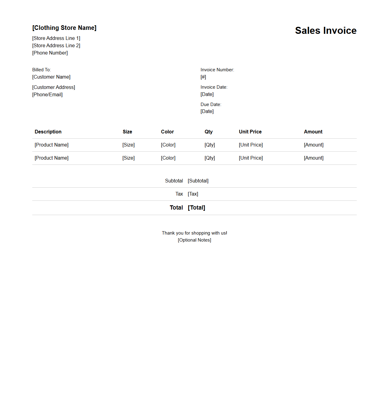 Clothing Store Sales Invoice Template