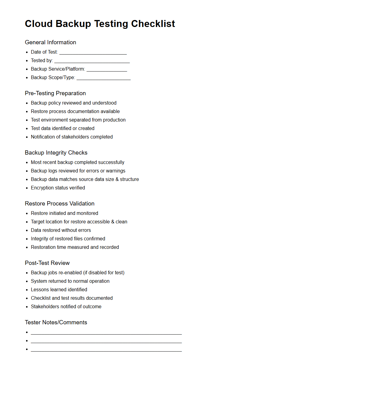 Cloud Backup Testing Checklist