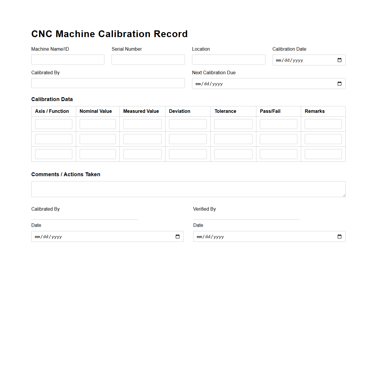 CNC Machine Calibration Record Template Example