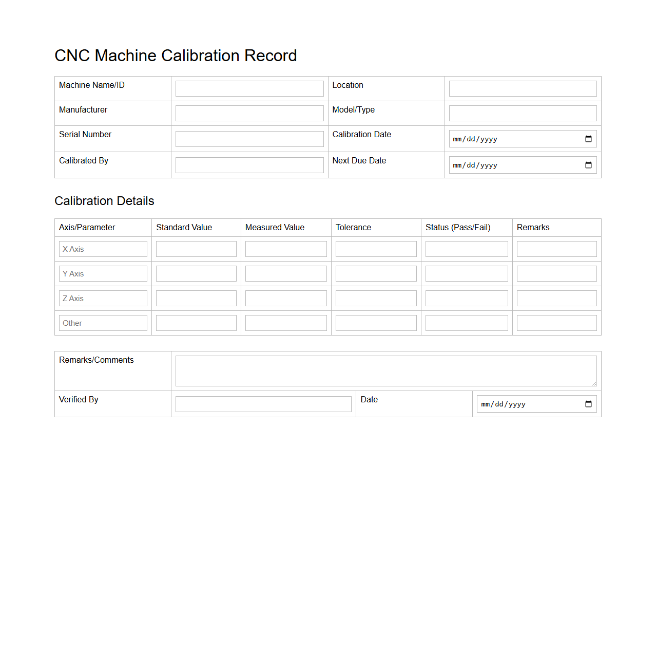 CNC Machine Calibration Record Template