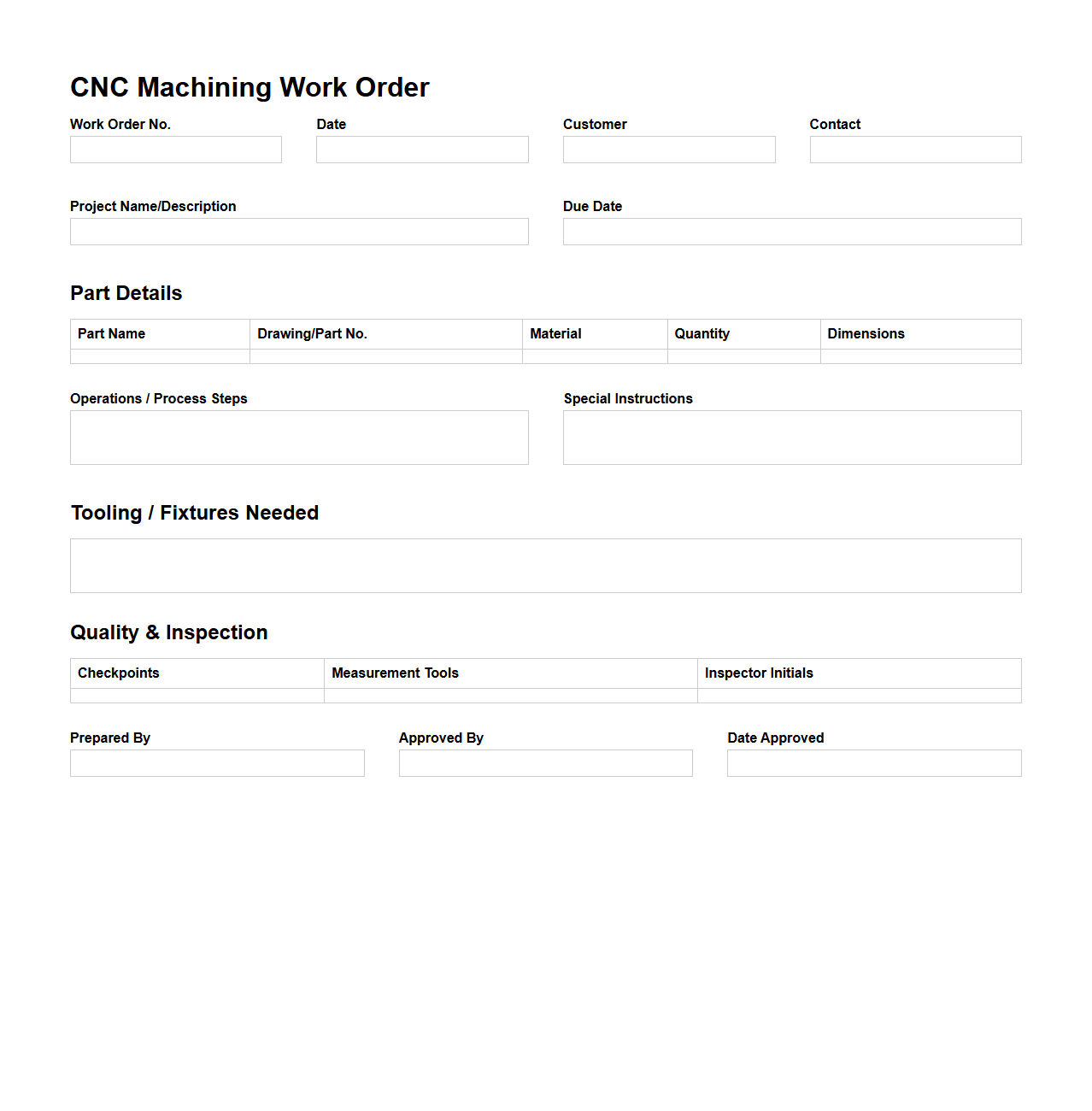 CNC Machining Work Order Layout