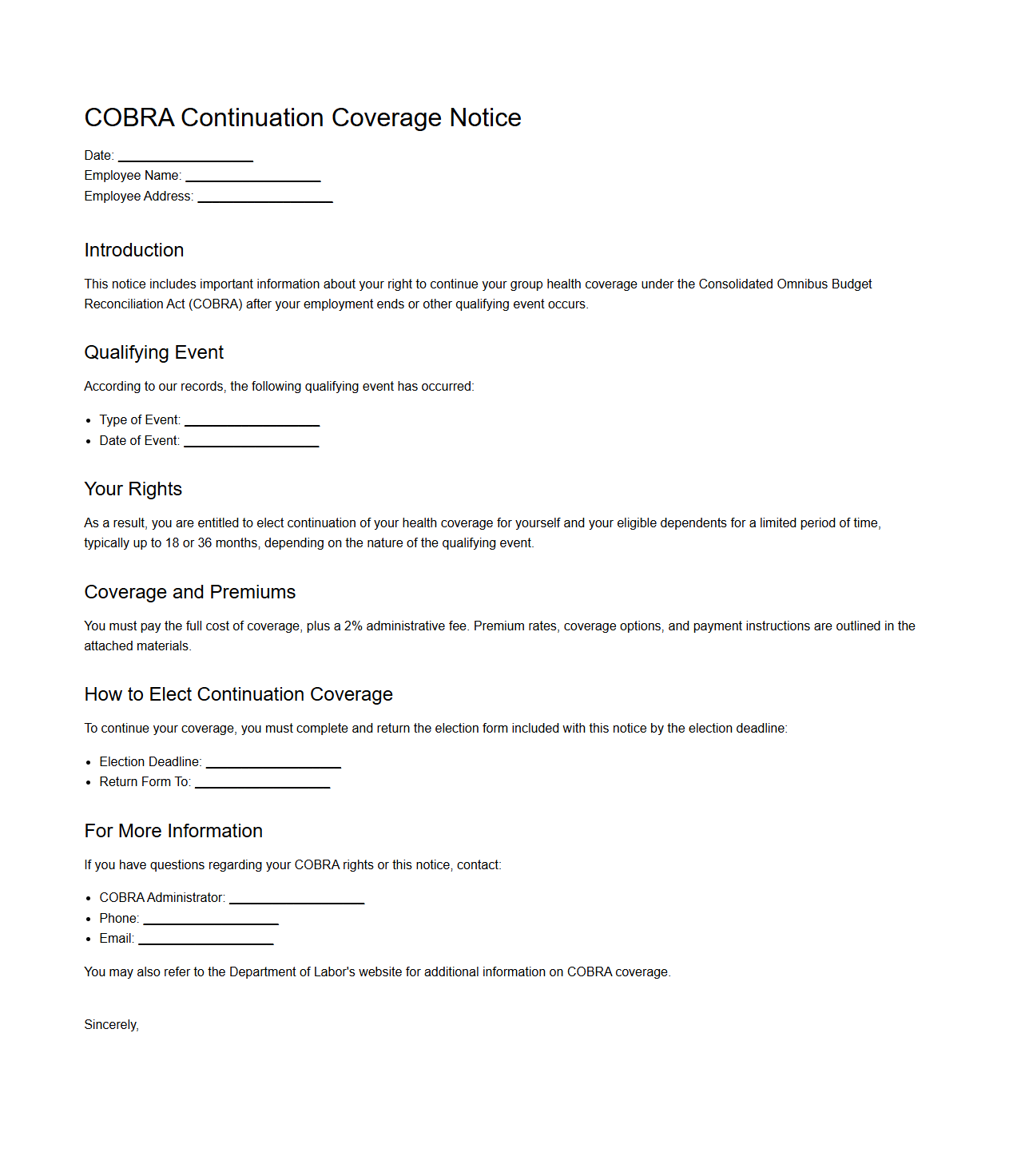 COBRA Continuation Coverage Notice Template for HR