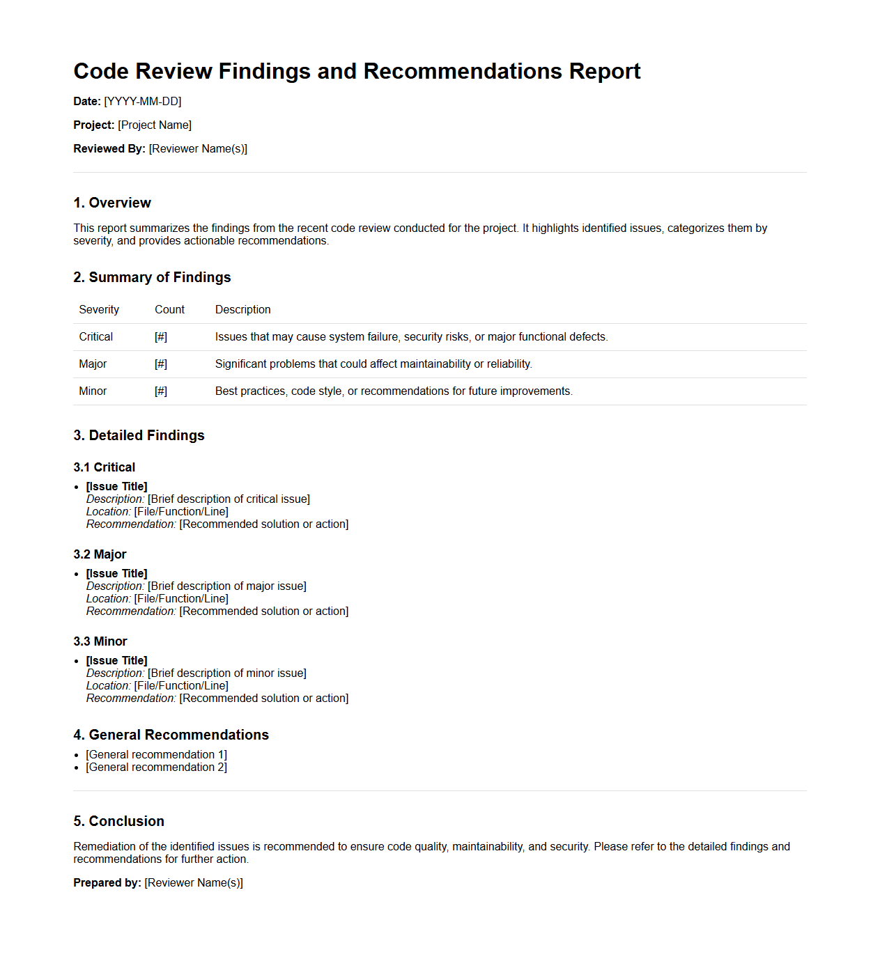 Code Review Findings and Recommendations Report Sample
