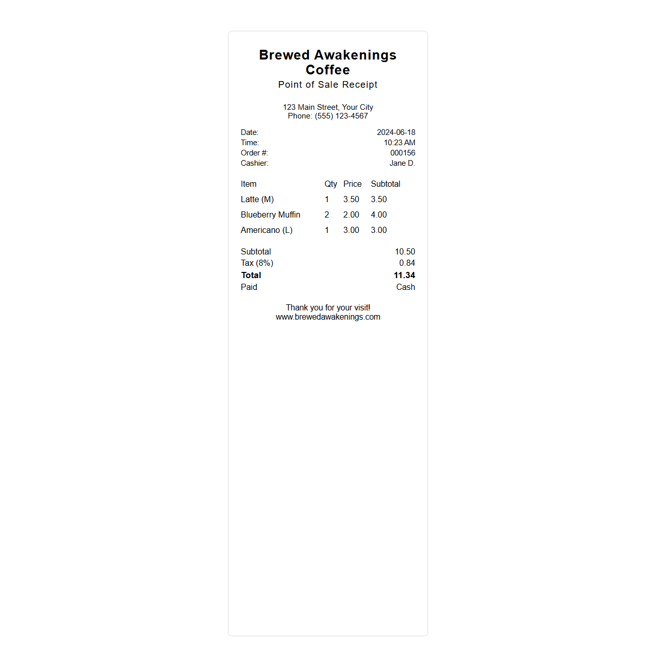 Coffee Shop Point of Sale Receipt Template