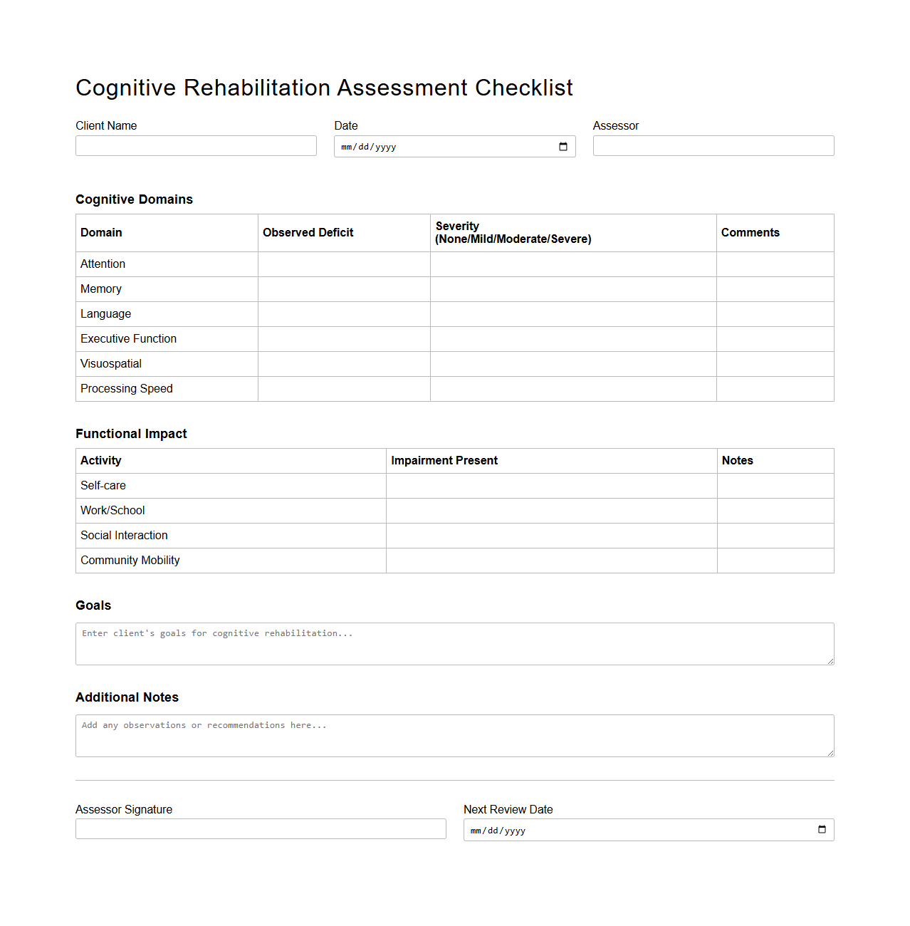 Cognitive Rehabilitation Assessment Checklist