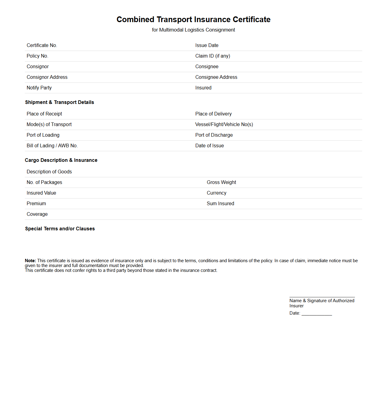 Combined Transport Insurance Certificate Format for Multimodal Logistics