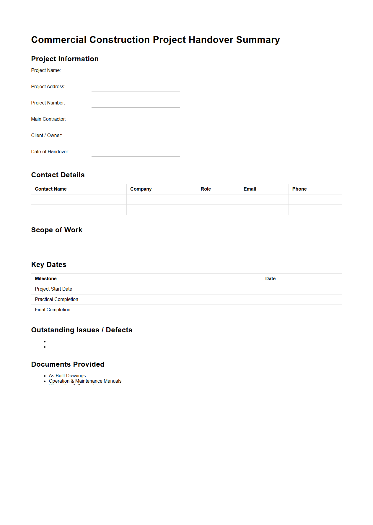 Commercial Construction Project Handover Summary Template
