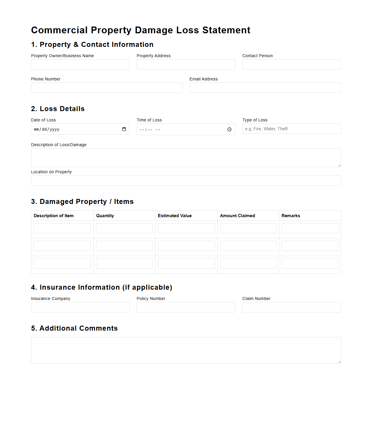 Commercial Property Damage Loss Statement