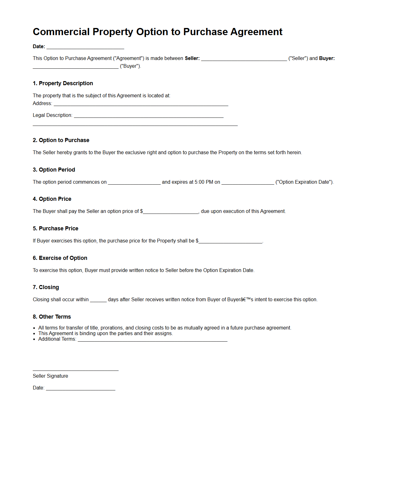 Commercial Property Option to Purchase Agreement Template