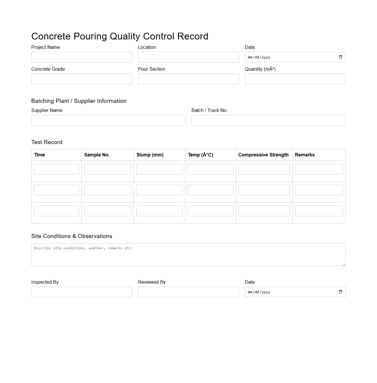 Concrete Pouring Quality Control Record