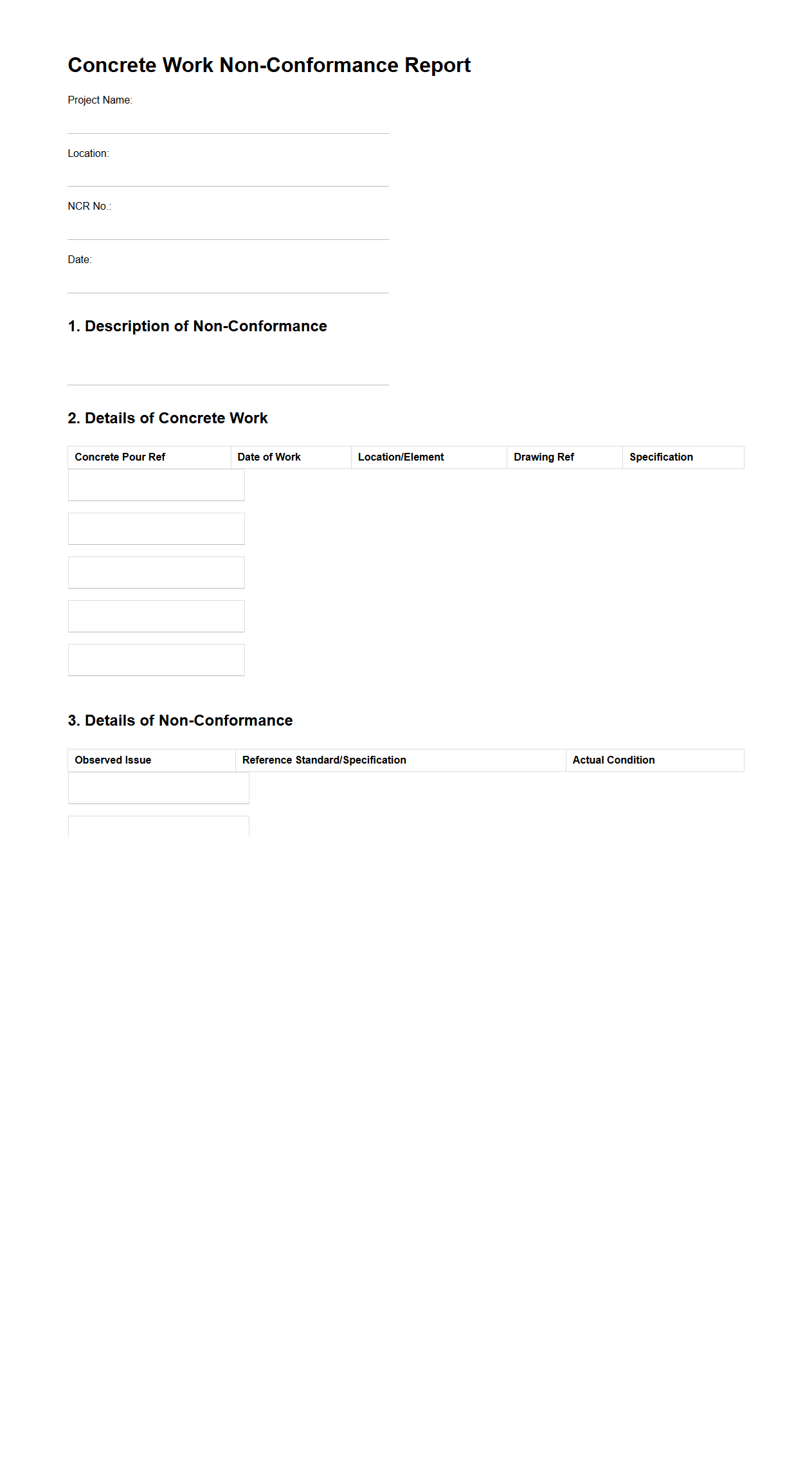 Concrete Work Non-Conformance Report Example