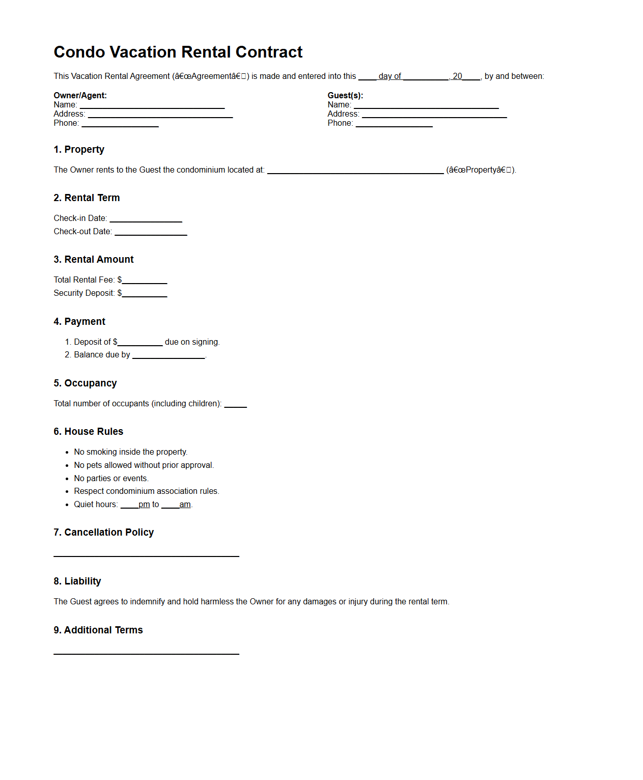 Condo Vacation Rental Contract Template