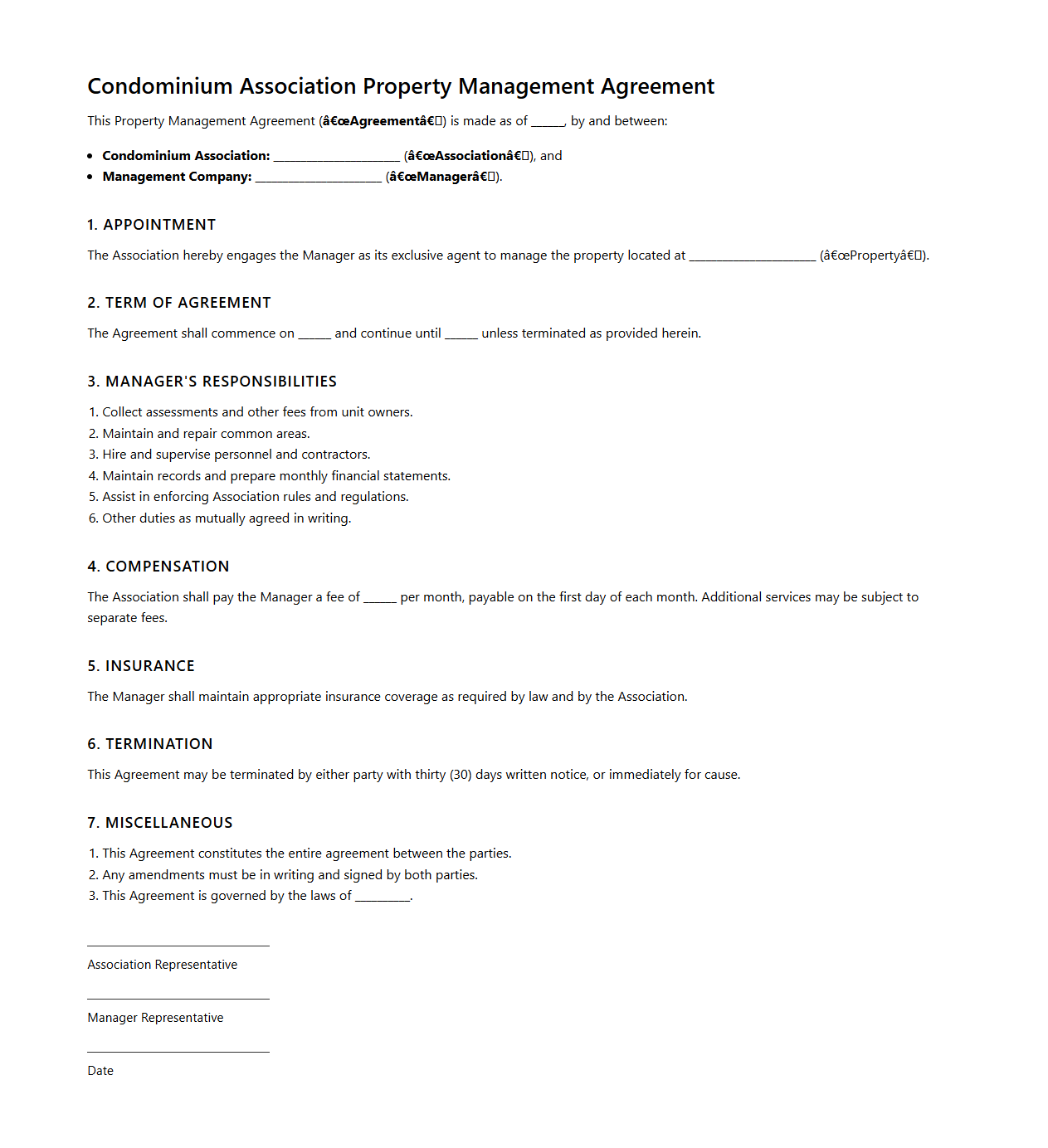 Condominium Association Property Management Agreement Draft
