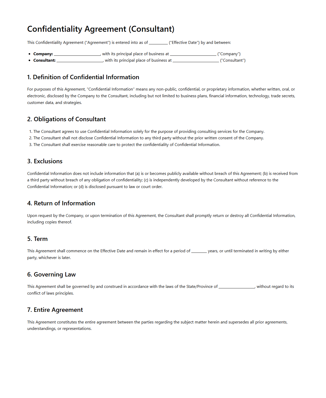 Confidentiality Agreement Template for Consultants