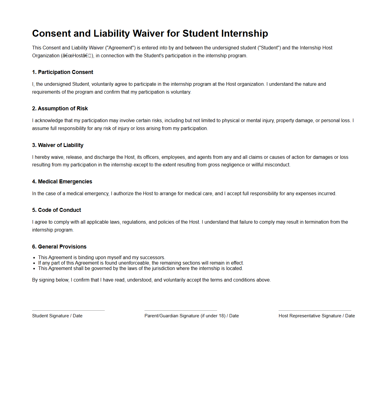 Consent and Liability Waiver for Student Internship