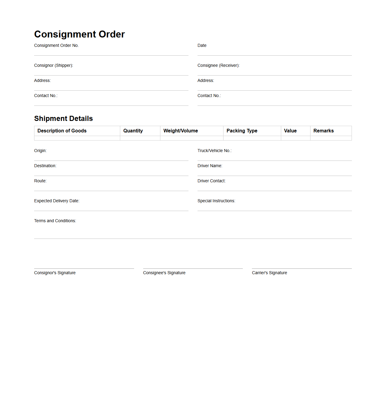 Consignment Order Format for In-Country Trucking