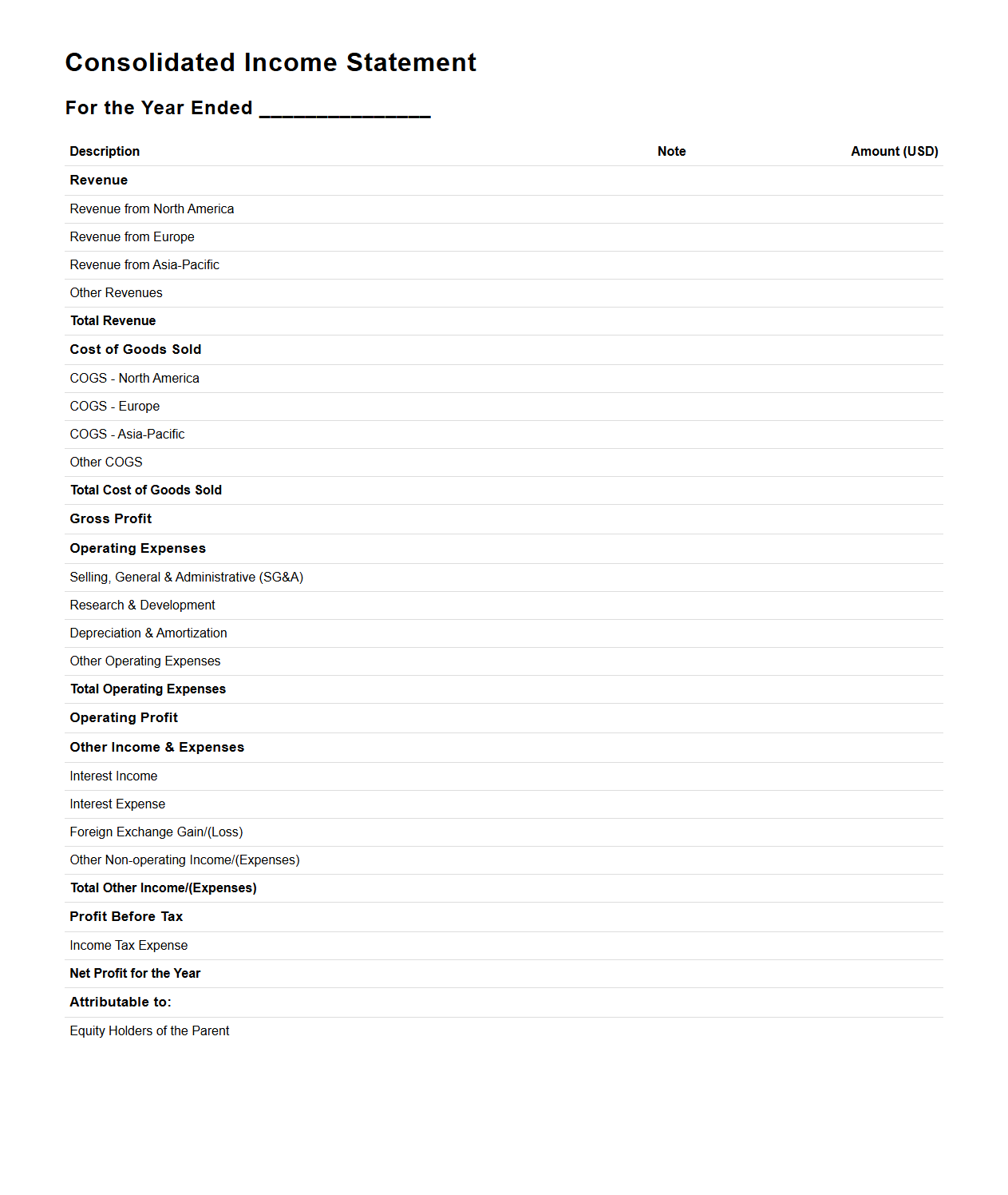 Consolidated Income Statement Template for Multinational Corporations