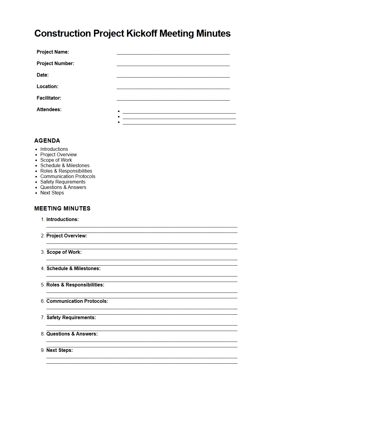 Construction Project Kickoff Meeting Minutes Template
