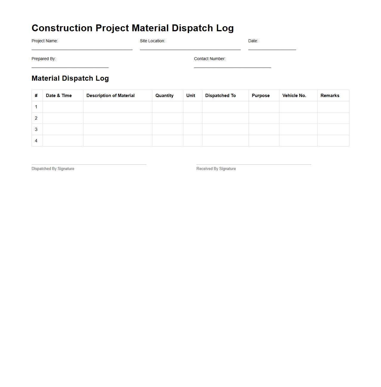 Construction Project Material Dispatch Log Sample