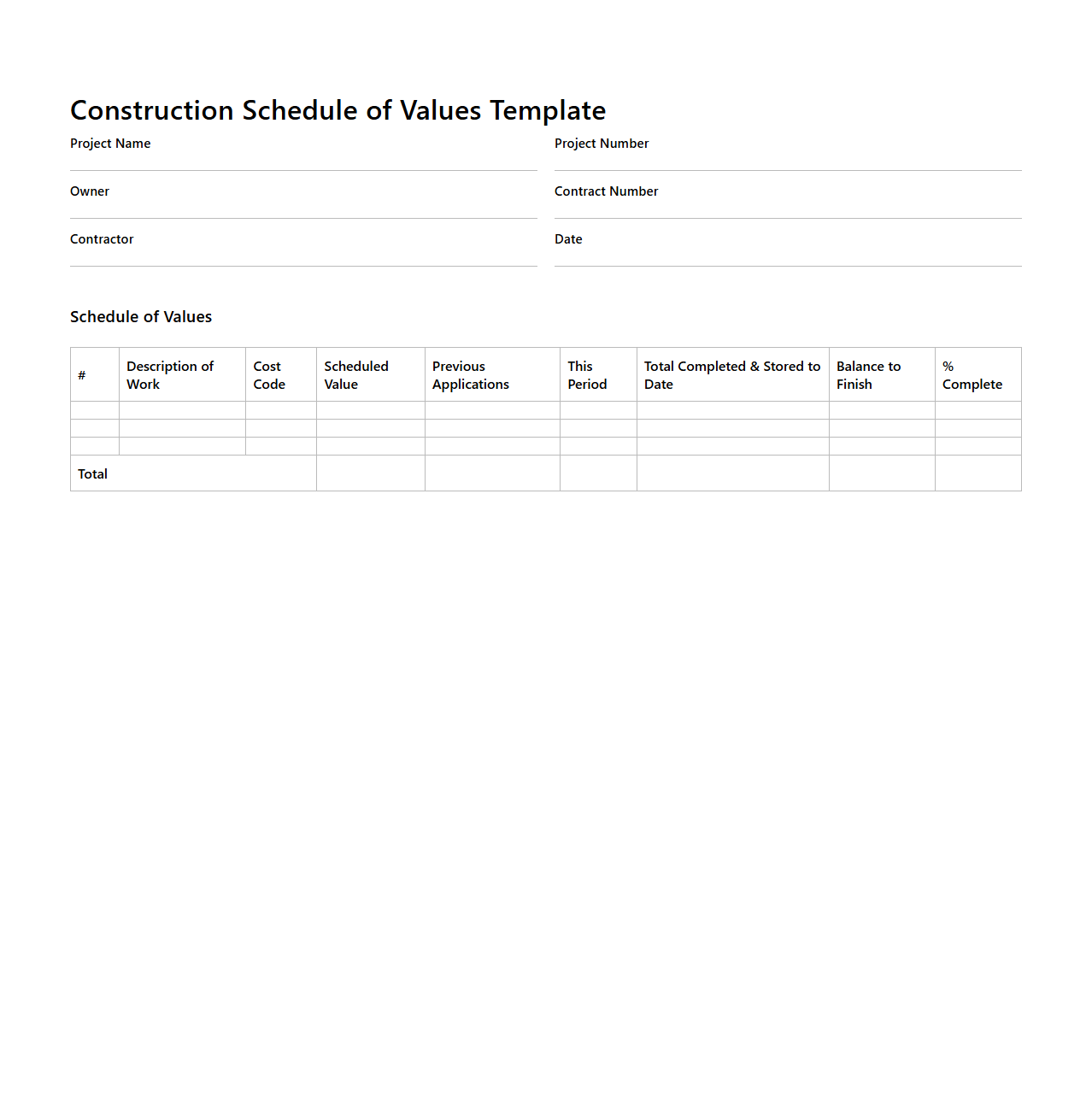 Construction Schedule of Values Template