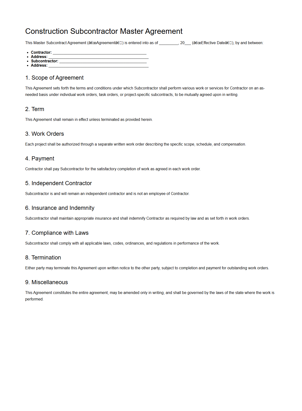Construction Subcontractor Master Agreement Template