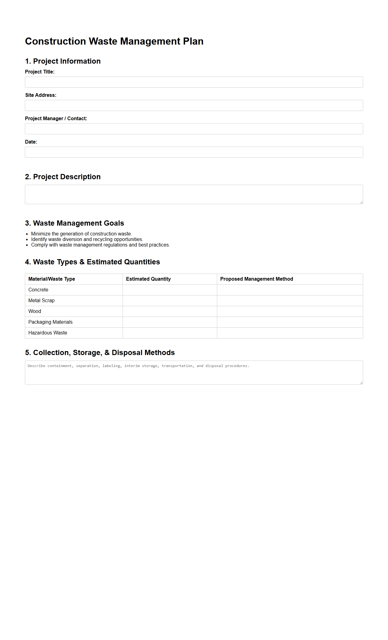 Construction Waste Management Plan Template for Industrial Sites