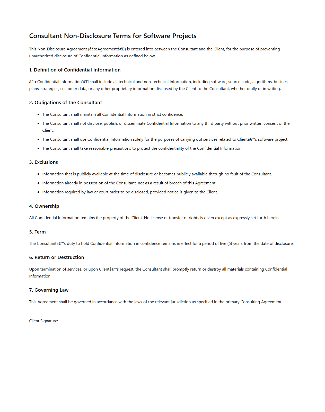 Consultant Non-Disclosure Terms for Software Projects