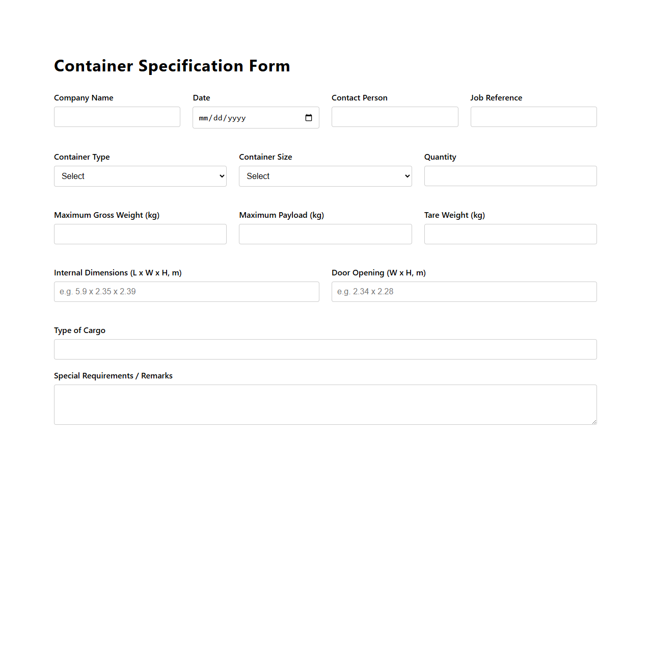 Container Specification Form for Marine Logistics