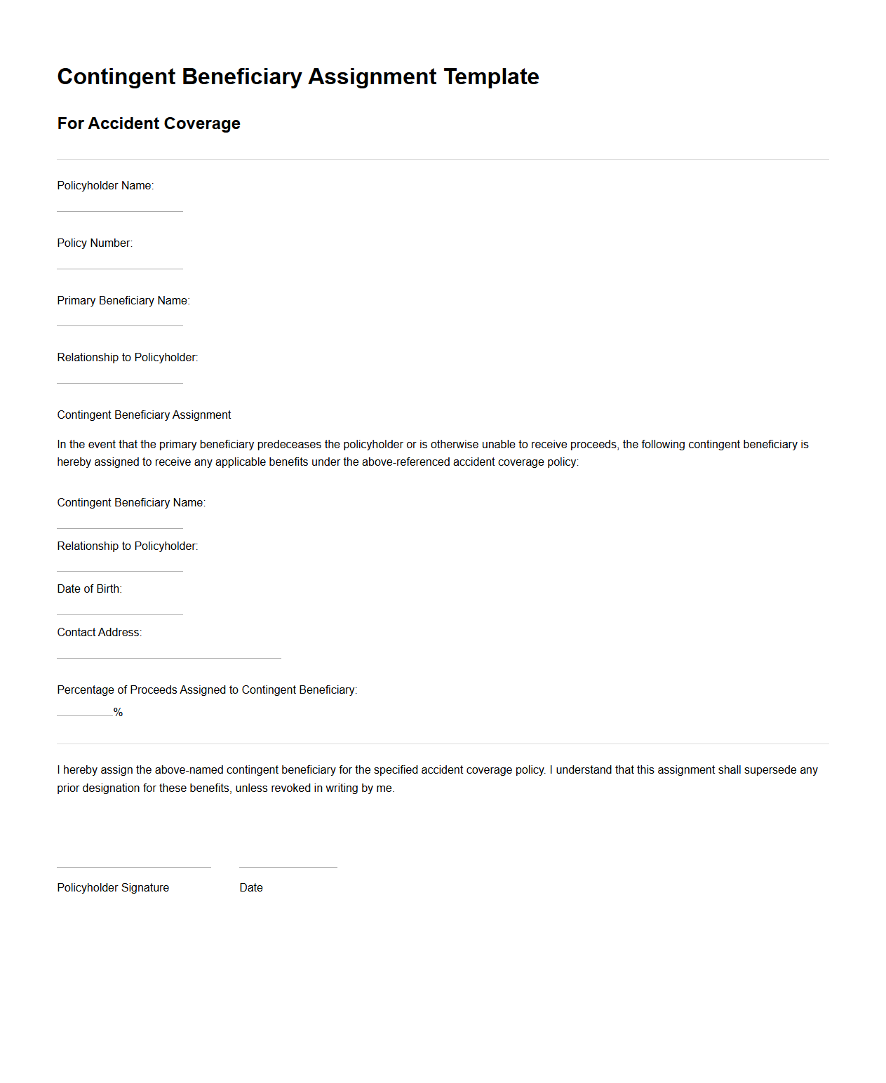 Contingent Beneficiary Assignment Template for Accident Coverage