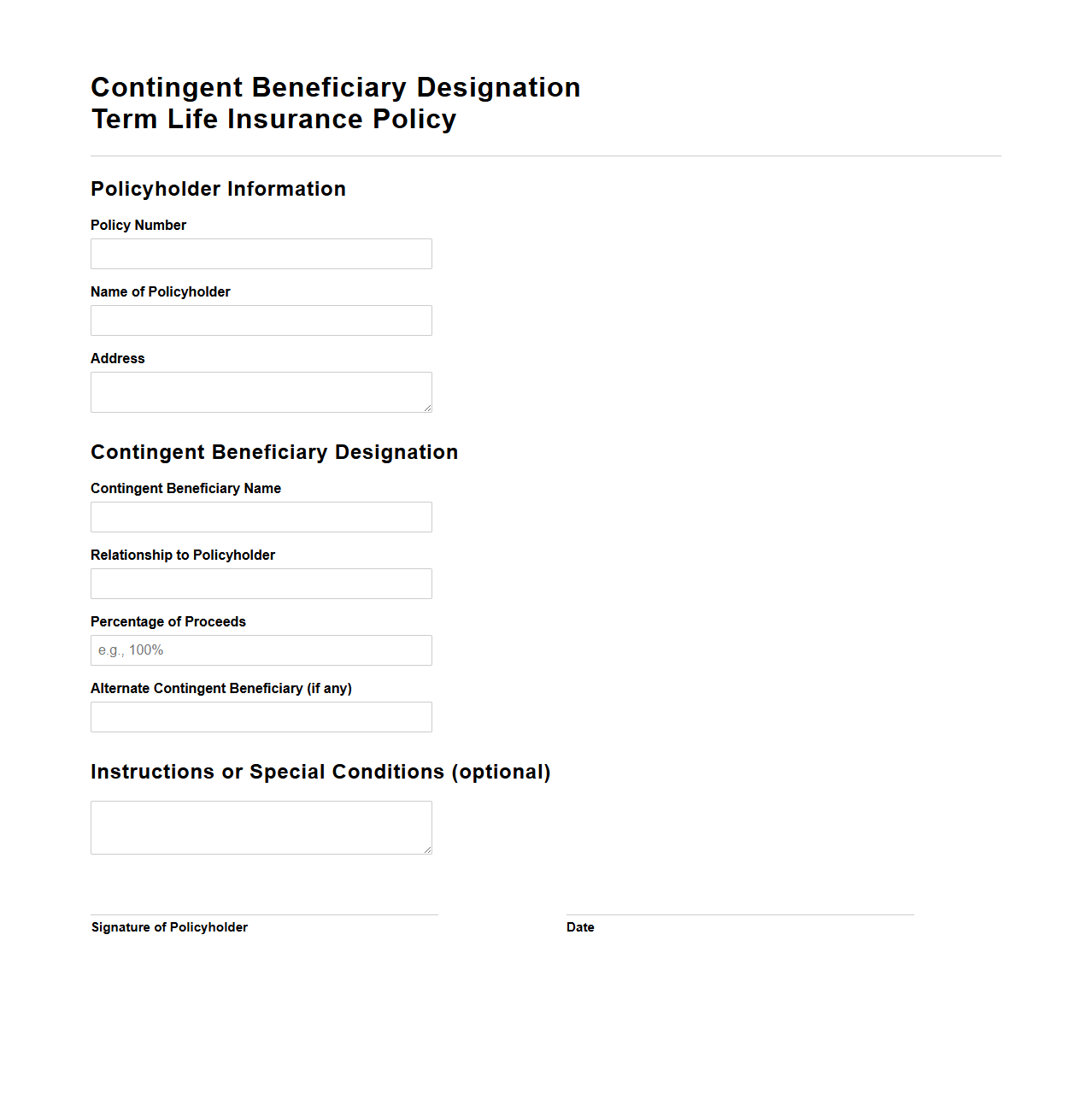Contingent Beneficiary Designation Template for Term Life Policy