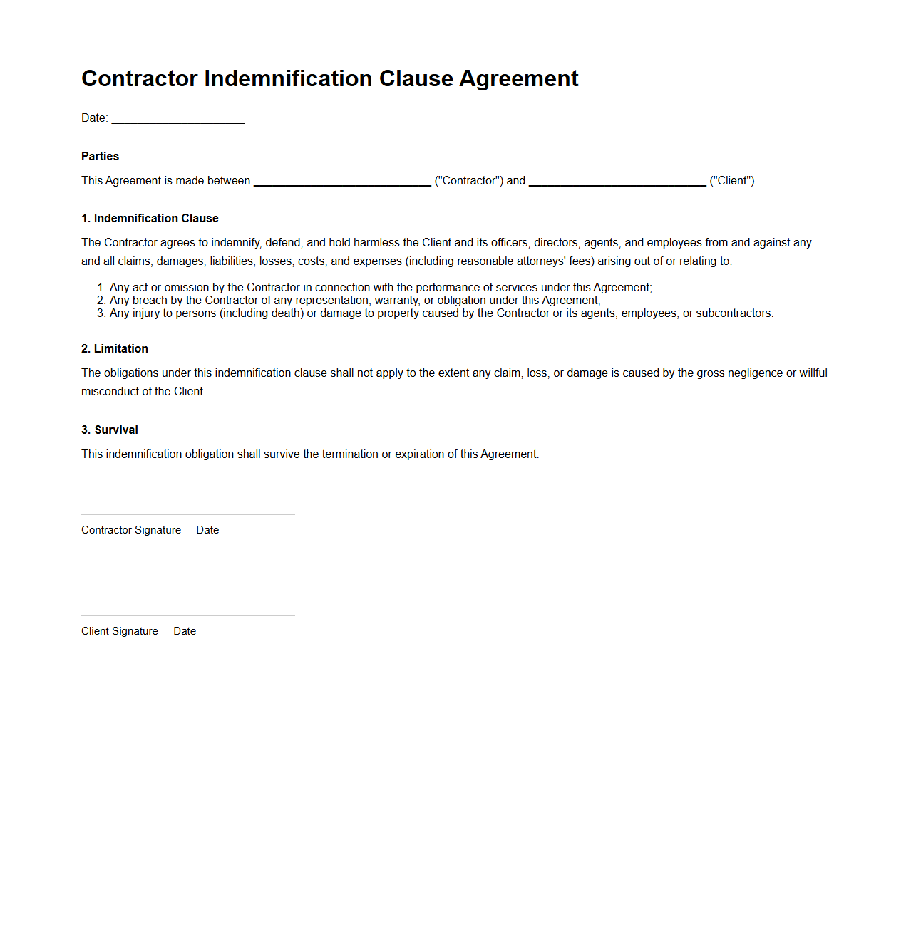 Contractor Indemnification Clause Agreement Example