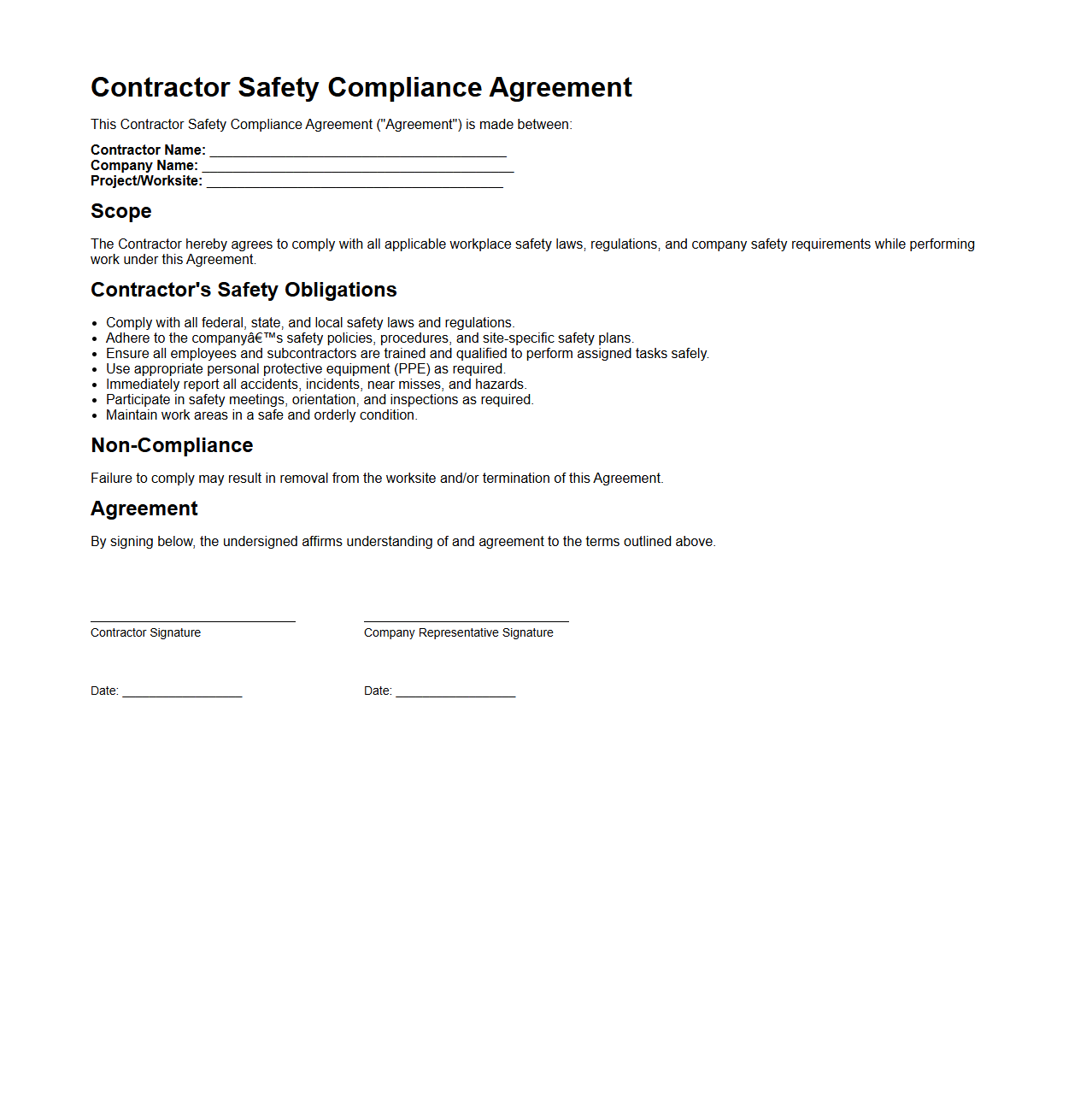 Contractor Safety Compliance Agreement Template