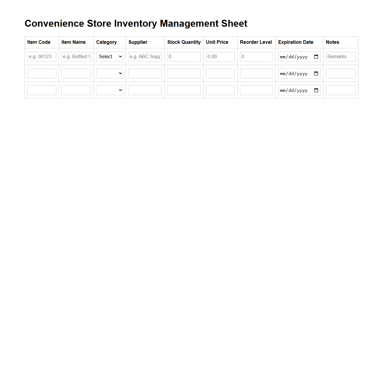 Convenience Store Inventory Management Sheet