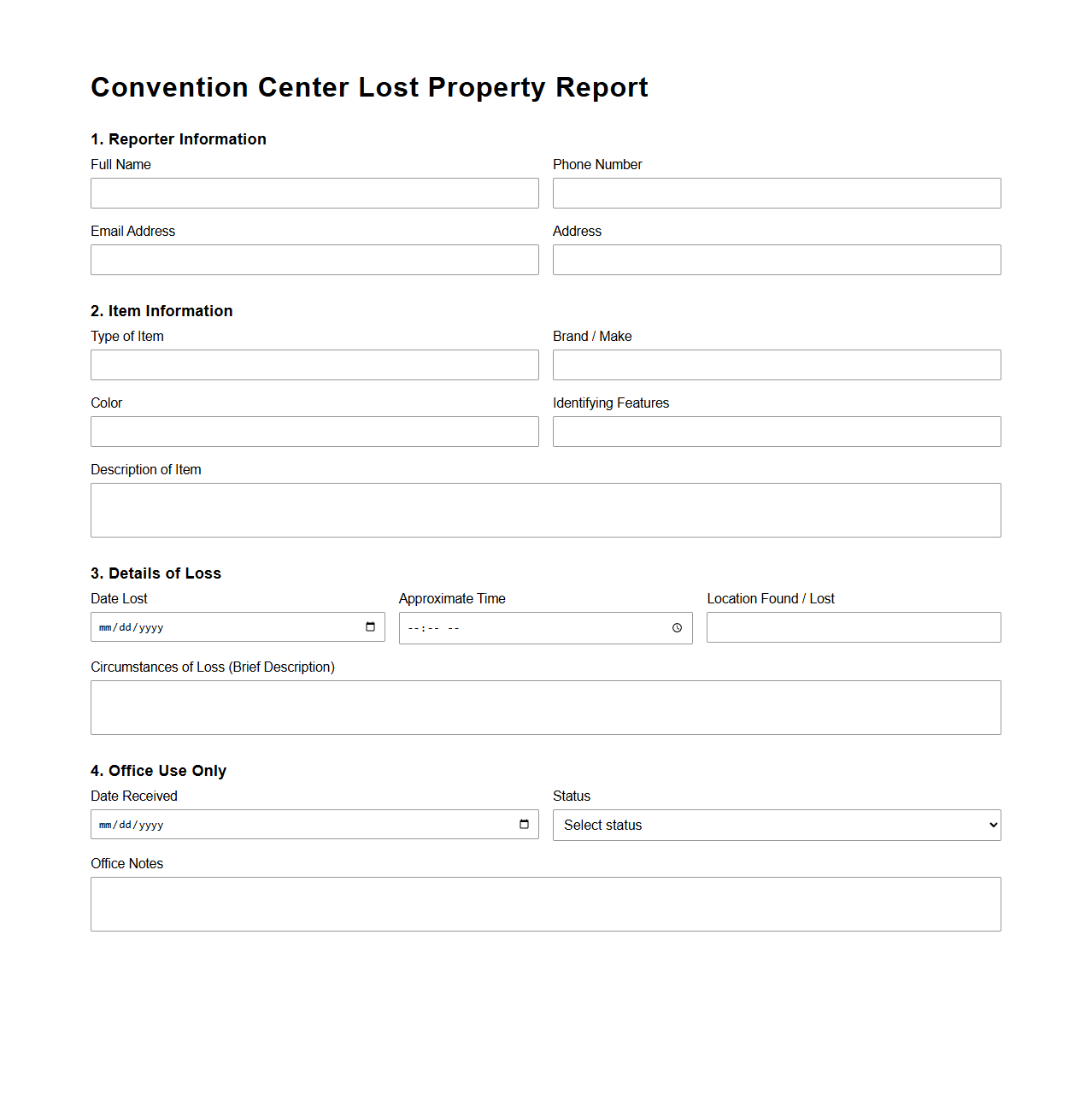 Convention Center Lost Property Report Sample