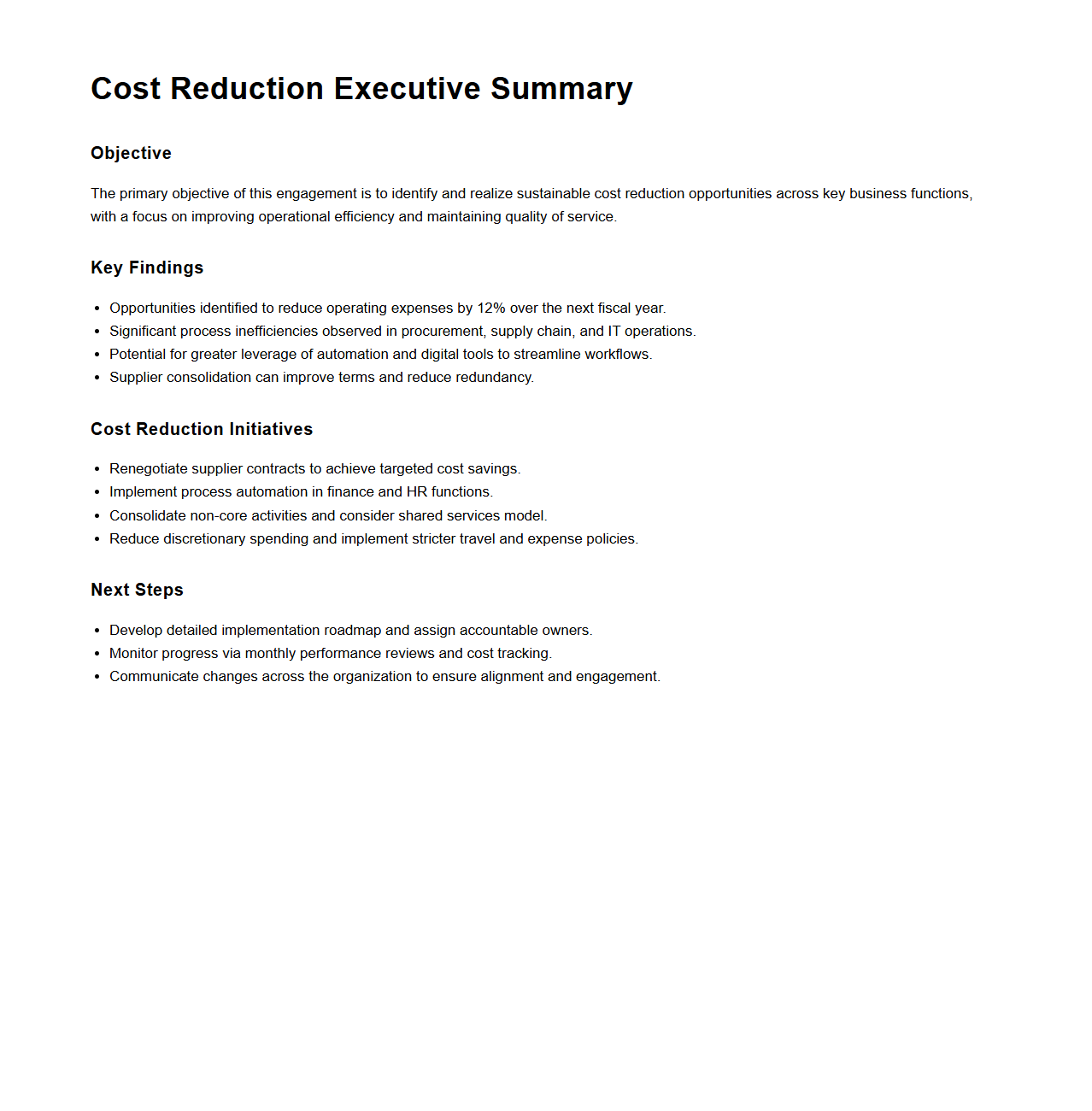 Cost Reduction Executive Summary Sample for Consulting