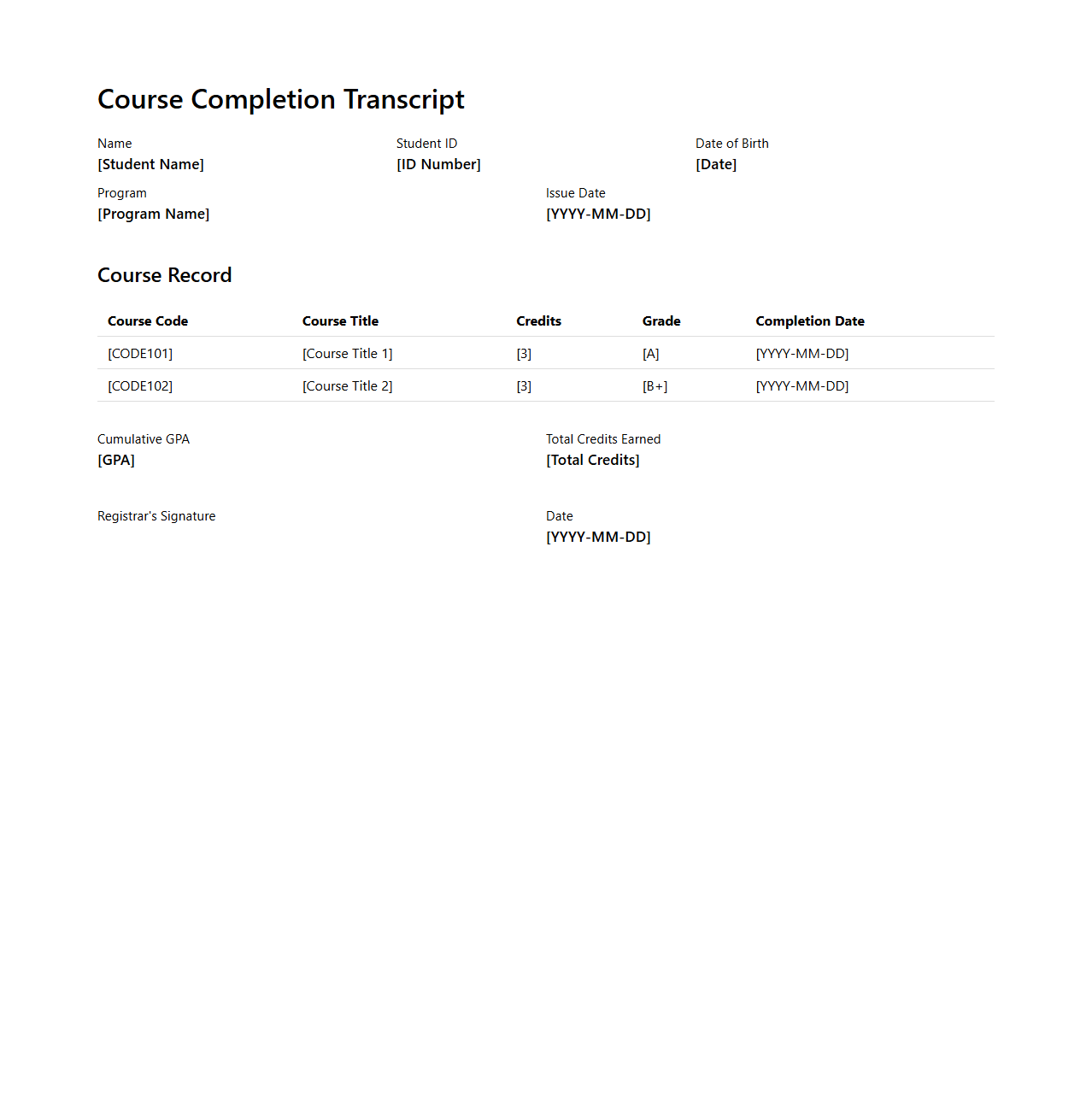 Course Completion Transcript Model
