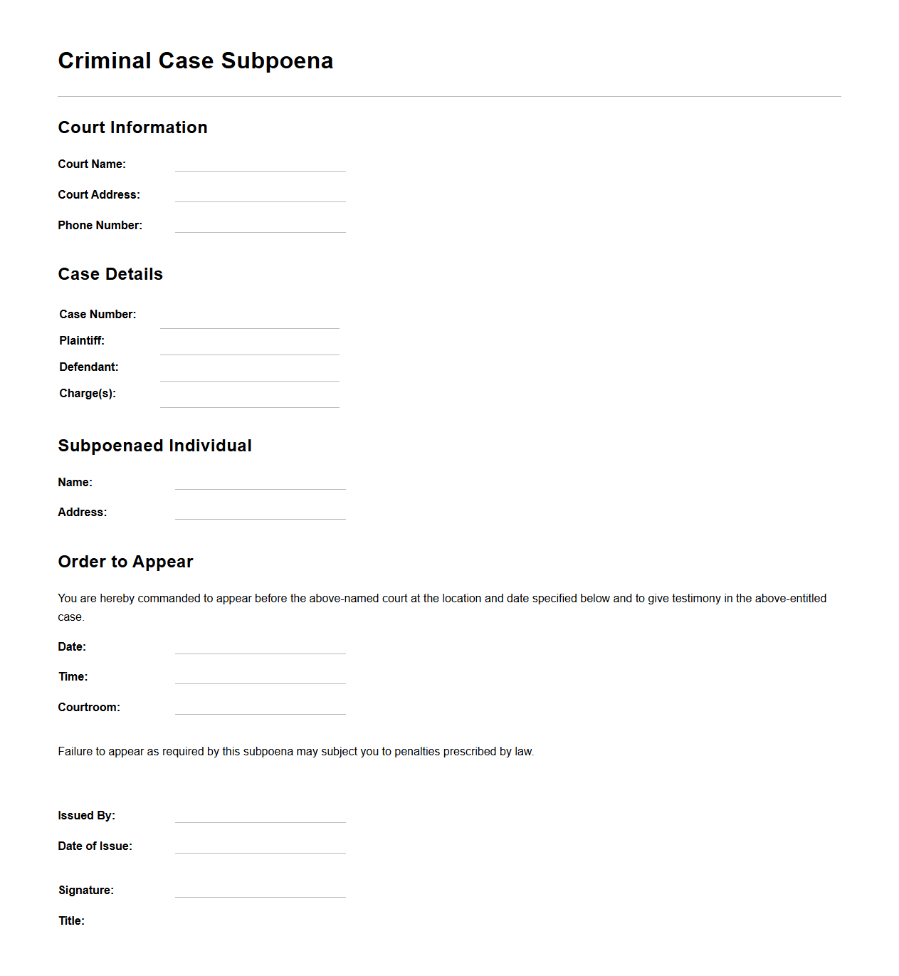Criminal Case Subpoena Document Example
