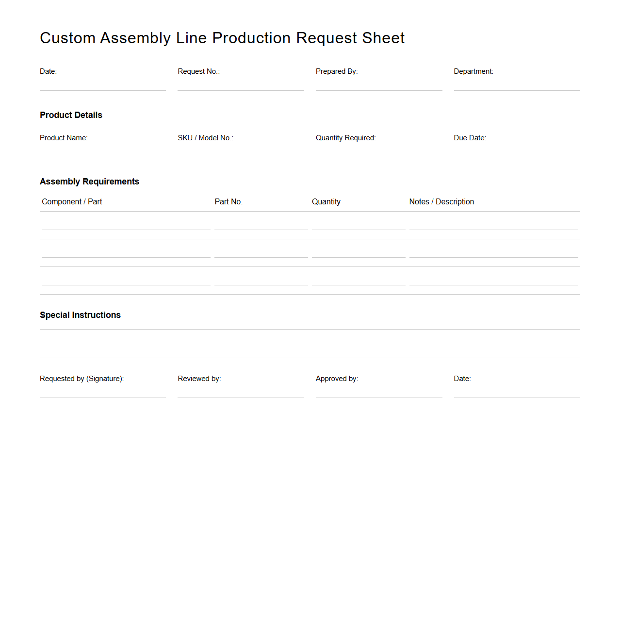 Custom Assembly Line Production Request Sheet