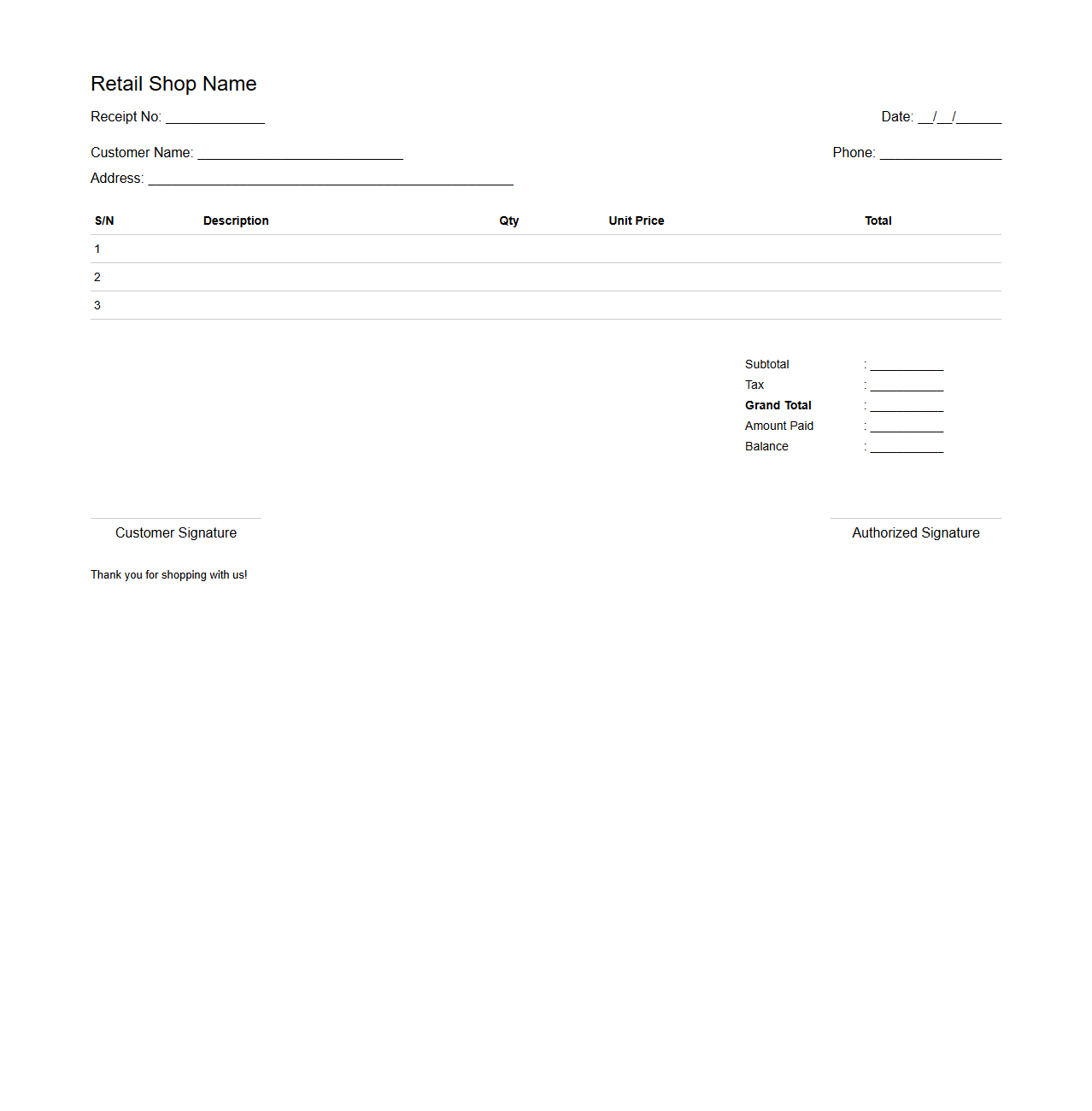 Customer Purchase Receipt Format for Retail Shops