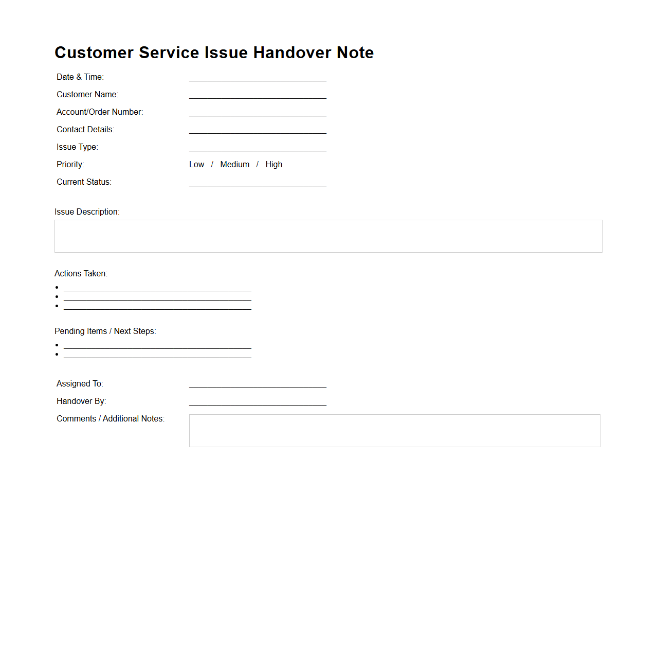 Customer Service Issue Handover Note