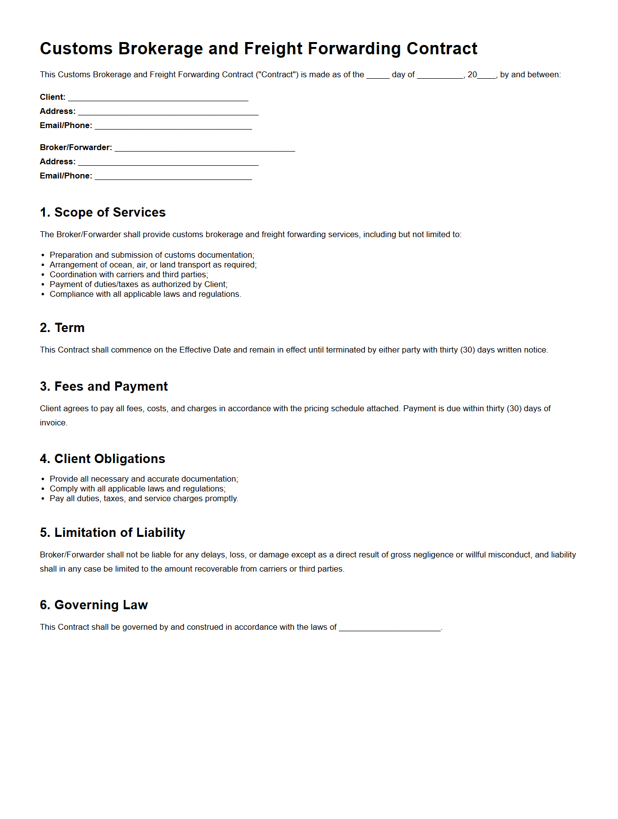 Customs Brokerage and Freight Forwarding Contract Example